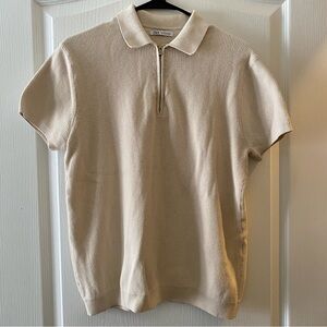 Zara Neutral Cream Short-Sleeve Zip Polo